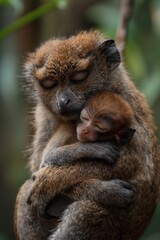 Obraz premium A mother monkey embraces her baby in the wildlife, surrounded by nature's beauty and lush greenery.