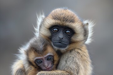 A cute baby langur monkey sitting on a tree branch, hugged by its mother in the forest.