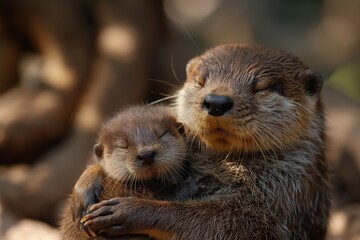 Fototapeta premium Two playful otters cuddling in the grass by the river, their furry faces looking adorable.
