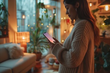 A woman using her cellphone at night, engaged in online communication