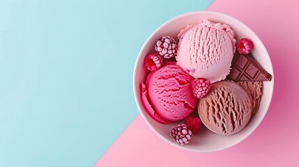 Bowl of vanilla chocolate and pink berries ice cream isolated on pink and blue background