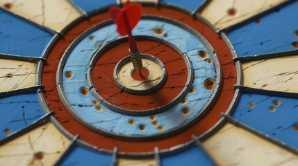 Naklejka premium A red dart is accurately hitting the bullseye on a stylish dartboard, depicting the perfect blend of precision, goal-setting, and achievement in a visually striking image.