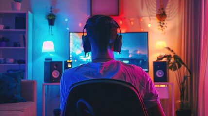 Obraz premium young man gaming with computer in room with neon lights and streaming online