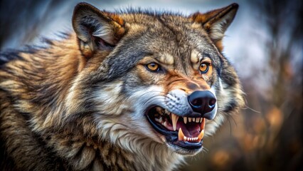Fototapeta premium Fierce predator showcases razor-sharp teeth in a menacing snarl, capturing the raw intensity of the wild canine's powerful jaws.