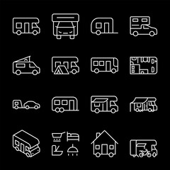 Motorhomes, white line icons. Different types of mobile homes with sleeping areas. Ideal for travel and adventure themes. Symbols on black background. Editable stroke.