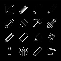 Pencils, white line icons. Various pencil designs for drawing and writing. Ideal for educational and creative themes. Symbols on black background. Editable stroke.