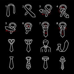 How to tie a tie, white line icons. Step-by-step guides for tying neckties. Essential for fashion and tutorial themes. Symbols on black background. Editable stroke.