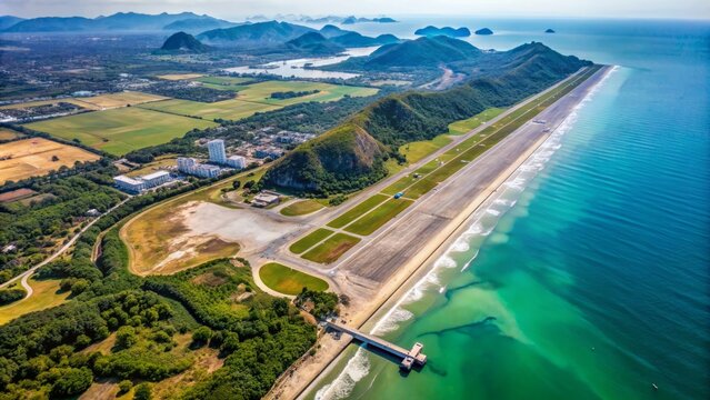 Breathtaking overhead view of Wing 5 Royal Air Force base amidst scenic Ao Manao bay, beach, and Prachuap bay in Thailand's Prachuap Khiri Khan Province.