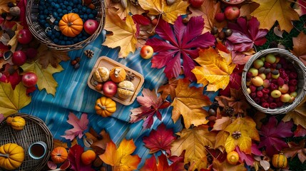 Fototapeta premium A table covered in autumn leaves and fruit 