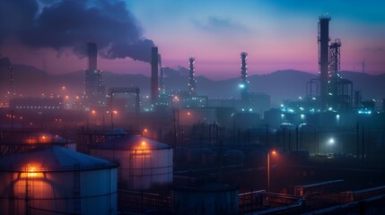 Night View of Industrial Site with Gas Storage Tanks and Oil Tight Lights