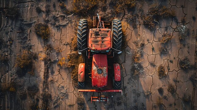 A red tractor is sitting in a field of dirt 
