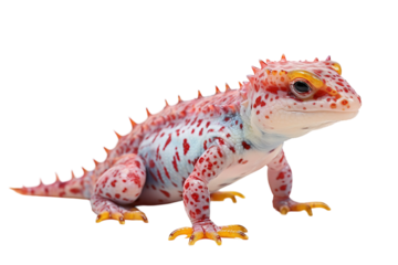 A Vividly Colored Gecko With Red Stripes and Yellow Spines in a White Studio Setting on a White or Clear Surface PNG Transparent Background.