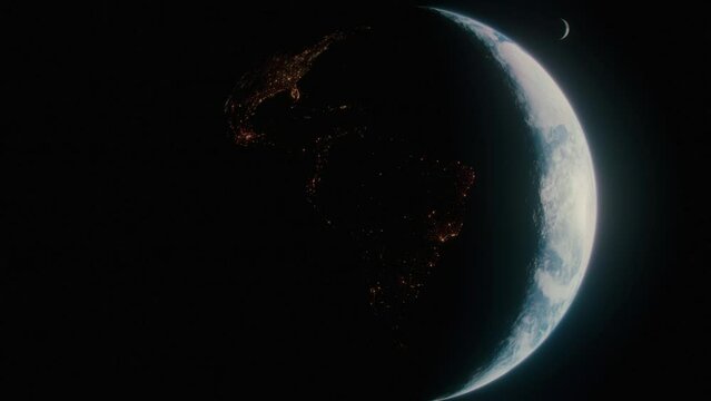 Vue de la Terre en rotation depuis l'espace avec la Lune en arri&egrave;re plan, 4K 60 images par seconde