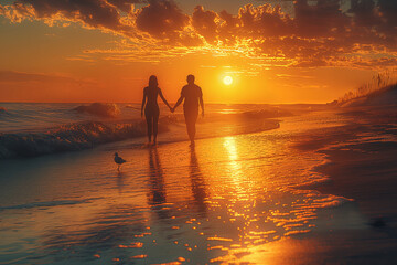 At sunrise couple walks together on the beach, sharing love and togetherness.
