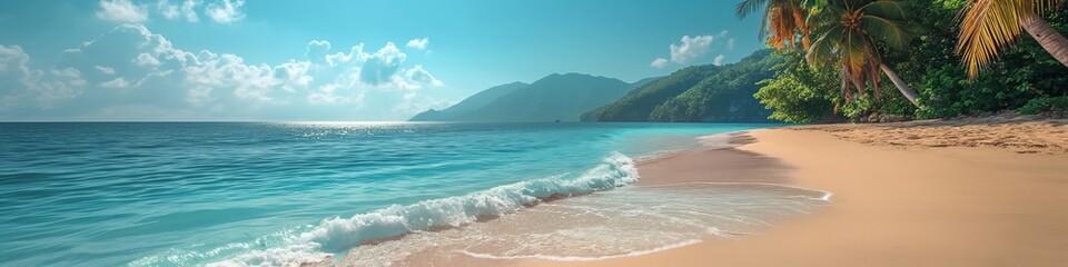 Idyllic seascape with turquoise water, sandy beach, clear sky, tranquil island paradise, perfect summer vacation.