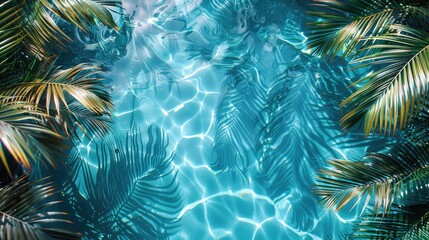 3D rendering of palm leaves shadow on the water surface in a swimming pool with a light blue background