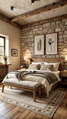 A cozy and rustic bedroom with a warm and inviting atmosphere. 