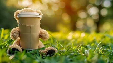 Brown paper glass for coffee and teddy bear on green grass