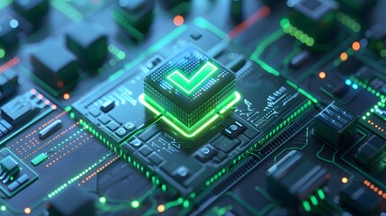 Fototapeta premium Futuristic microchip in a high-tech circuit board glowing with green light, illustrating advanced technology and digital innovation.