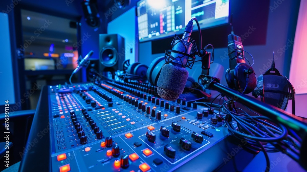 Poster a close-up of a mixing board in a radio studio, with a microphone and headphones visible in the back