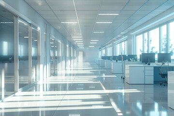 Office scene, the corridor is flanked by computer desks and Windows