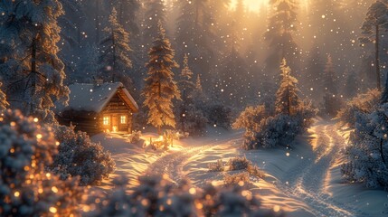Naklejka premium Cozy Winter Cabin in a Snowy Forest - Generative AI