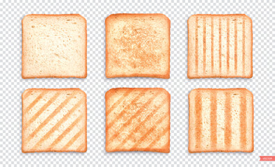 Set of sliced Toast Bread slices isolated on transparent background. Pieces of lightly toasted white bread. Close-up of toast. Top view. Realistic vector set