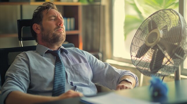 An office worker in a shirt and tie cools off with a fan in a hot office
