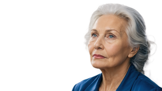 Portrait of an elderly woman with grey hair and a blue jacket, gazing thoughtfully into the distance isolated in transparent background.
