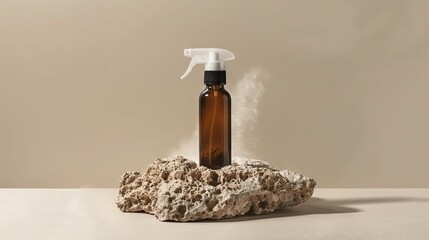 Amber spray bottle on stone. Minimalist product display featuring an amber glass spray bottle on a rock.