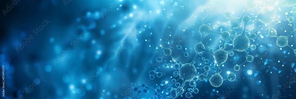 Poster Digital visualization of molecular structures in a bright blue environment. Ideal for chemistry and scientific research concepts.