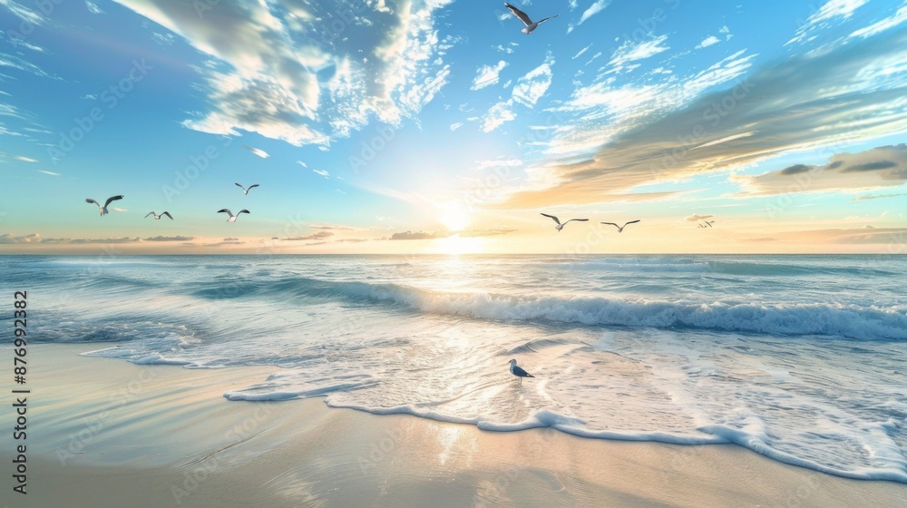 Poster a serene beach scene with the last rays of sunlight illuminating seagulls and gentle waves rolling a