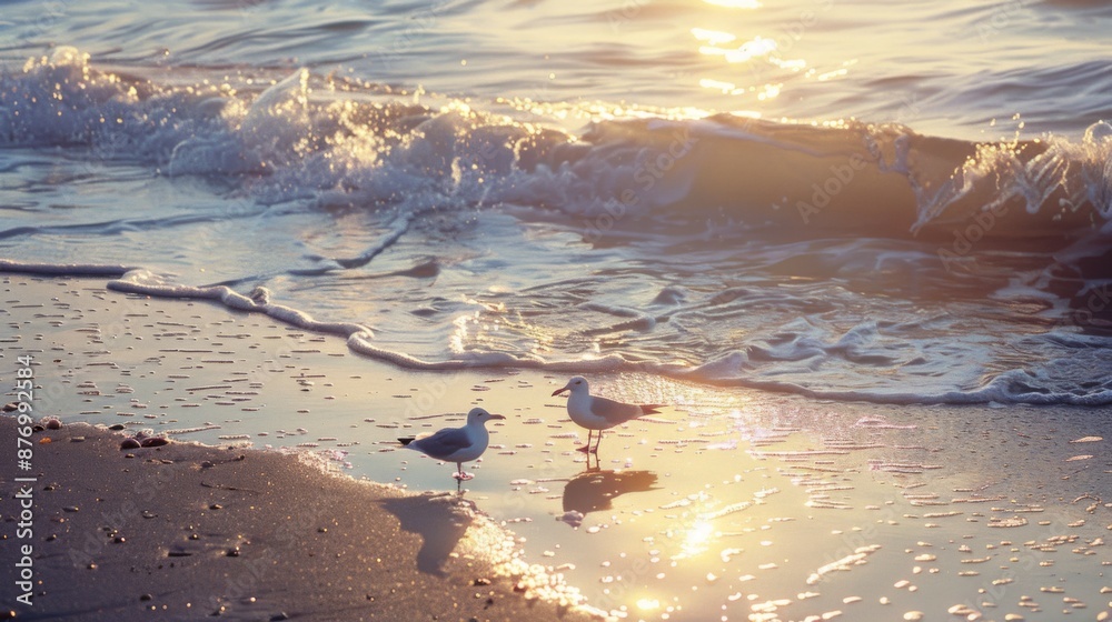 Poster a serene beach scene with the last rays of sunlight illuminating seagulls and gentle waves rolling a