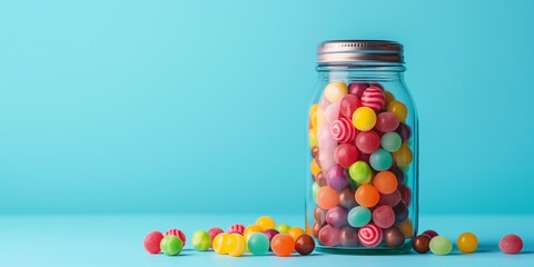 A jar full of colorful candies is on a blue background. The candies are of various colors and shapes, and they are scattered around the jar