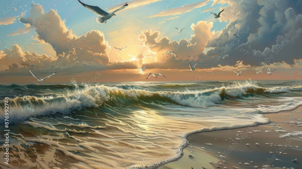 Poster a serene beach scene with the last rays of sunlight illuminating seagulls and gentle waves rolling a