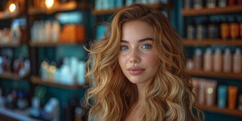 Stylish young woman with long red hair, makeup, and healthy skin, posing in a cosmetic shop.
