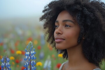 Naklejka premium Young woman in meadow, smiling happily with flowers, enjoying nature's beauty and freedom in summer.