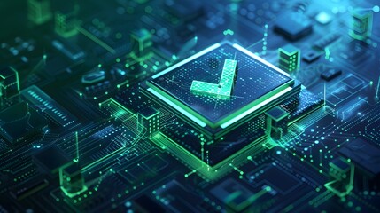 Modern technology concept with a green checkmark on a microchip, representing system validation and digital verification in a high-tech environment.