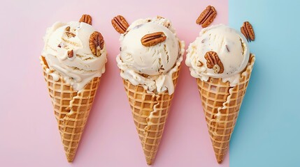 Butter pecan ice cream in waffle cones isolated on pink and blue background