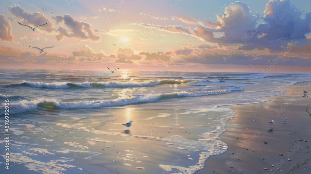 Poster a serene beach scene with the last rays of sunlight illuminating seagulls and gentle waves rolling a