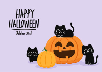 Happy Halloween wallpaper and greeting card. Pumpkin with ghost and black cats. Holidays cartoon character