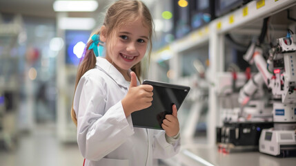 children using tablet and feel fun for learning robotics lab