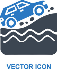 Car driving down rocky hill icon