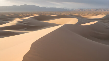Expansive desert landscapes with rolling sand dunes.