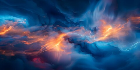 Fototapeta premium Abstract Storm Art Lightning Bolts in Dark Blues and Fiery Oranges. Concept Abstract Art, Stormy Sky, Lightning Bolts, Dark Blues, Fiery Oranges