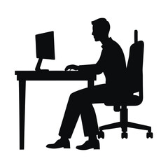 a businessman sitting on an office chair at a table, working on a computer. vector silhouette