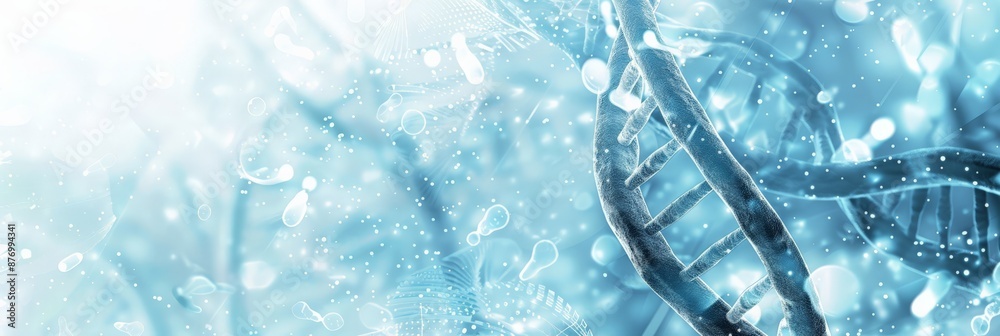 Poster close-up of a dna strand with light blue and white particles in a bright background. molecular struc