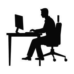 a businessman sitting on an office chair at a table, working on a computer. vector silhouette
