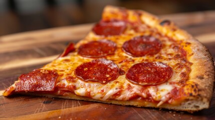 A slice of New York-style pizza with gooey cheese, pepperoni, and a crispy thin crust on a wooden board.