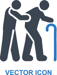 Elderly being assisted while walking icon
